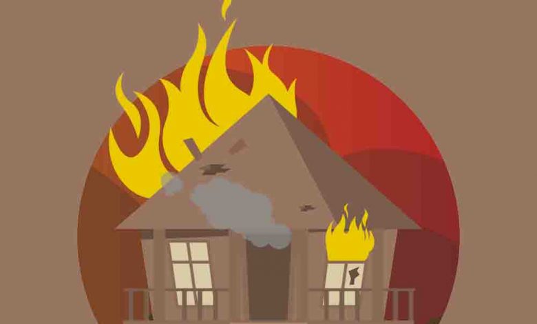 Vector Illustration Wooden Bungalow in Flame