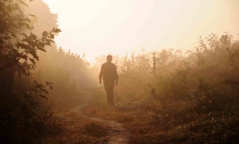 A man walks on a bridle path on a foggy morning in Dehradun