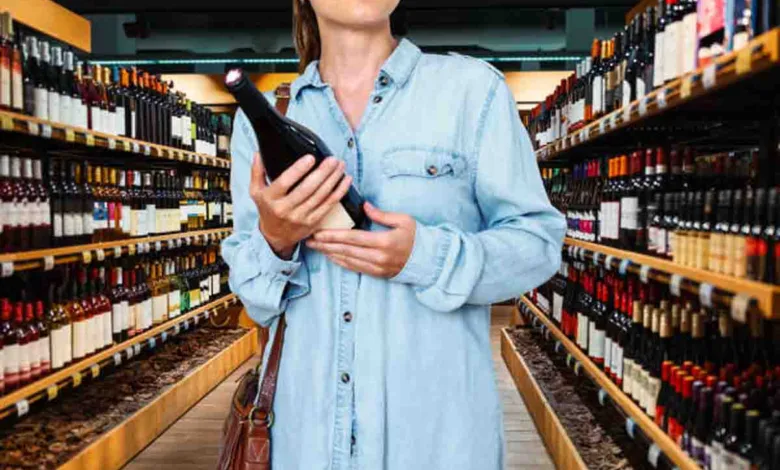 Woman consumer buying the wine in liquor store.
